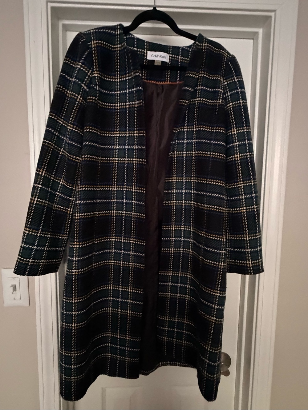 Calvin Klein Women's Navy Blue & Dark Green Plaid Long Coat